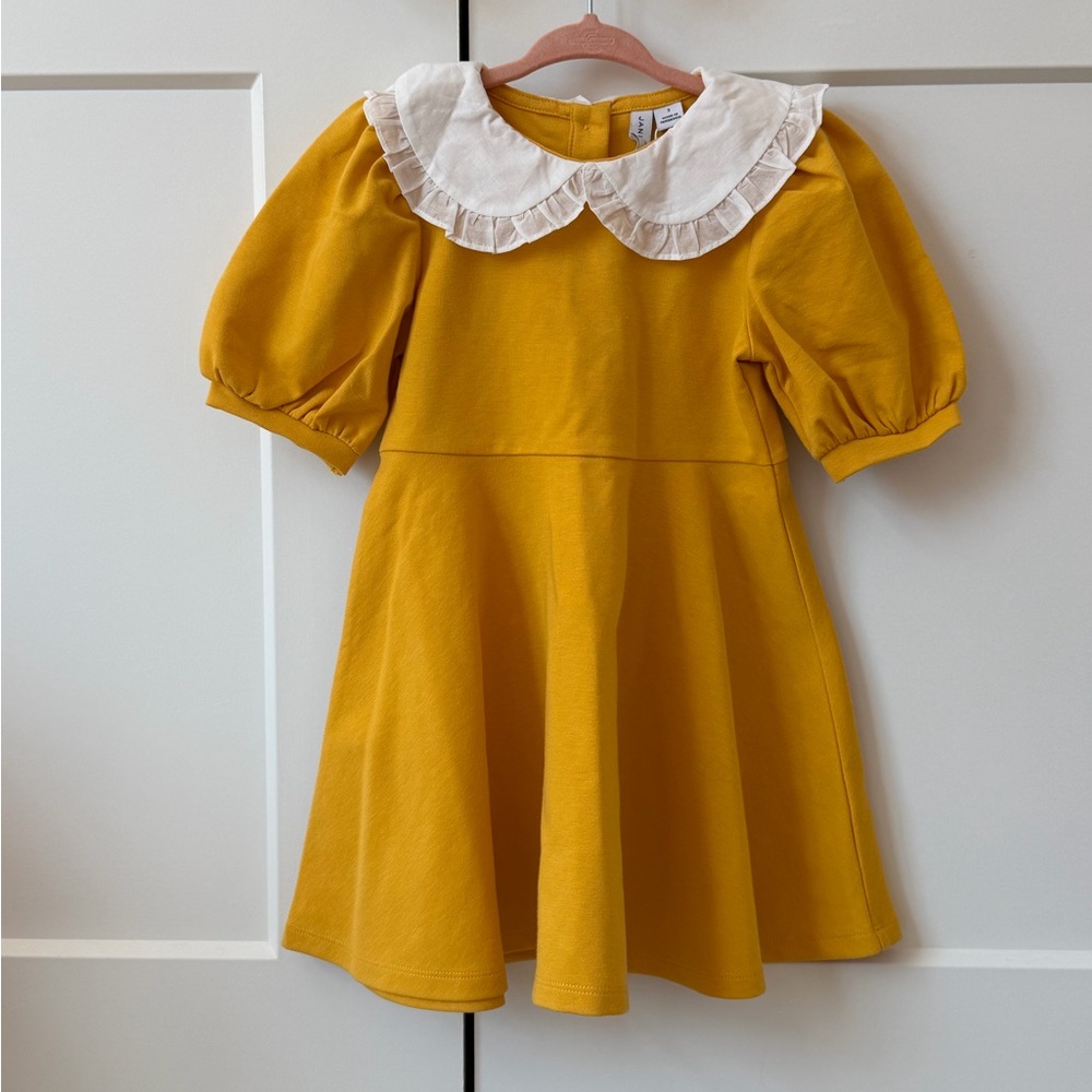 Janie and Jack Girls Dress Size 3 — Mustard Yellow Peter Pan Collar Puff Sleeve